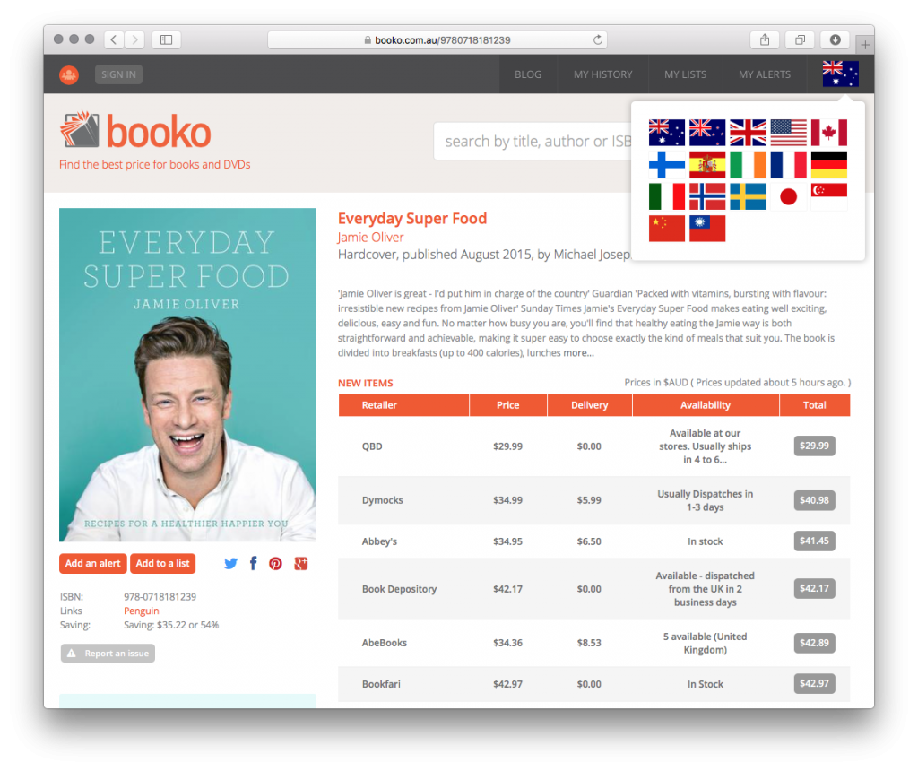 Screenshot of Booko with the country menu open